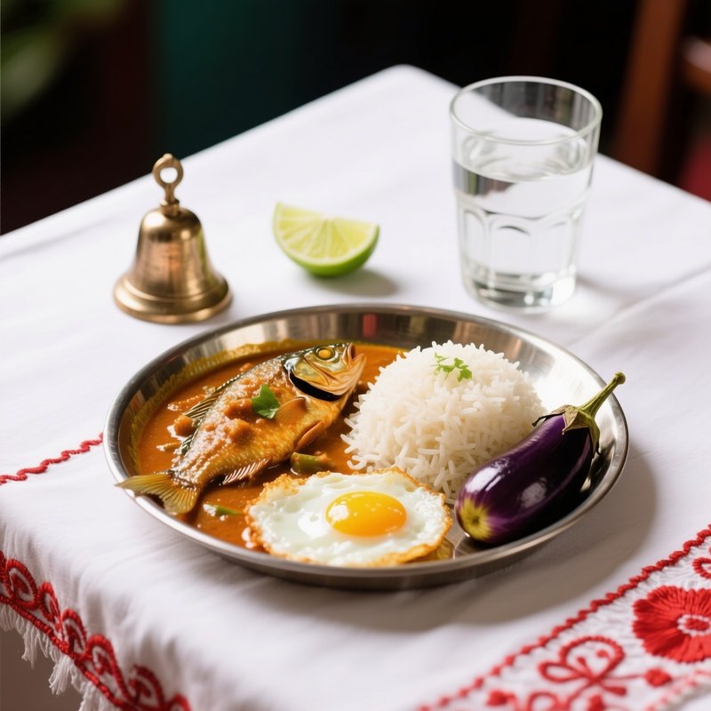Bengali Thali: A Bell Metal Plate Featuring Fish Curry, Rice, And Fried Eggplant. A Glass Of Water And A Wedge Of Lime Are Placed Precisely. A White Tablecloth With Red Embroidery Sets The Scene.
