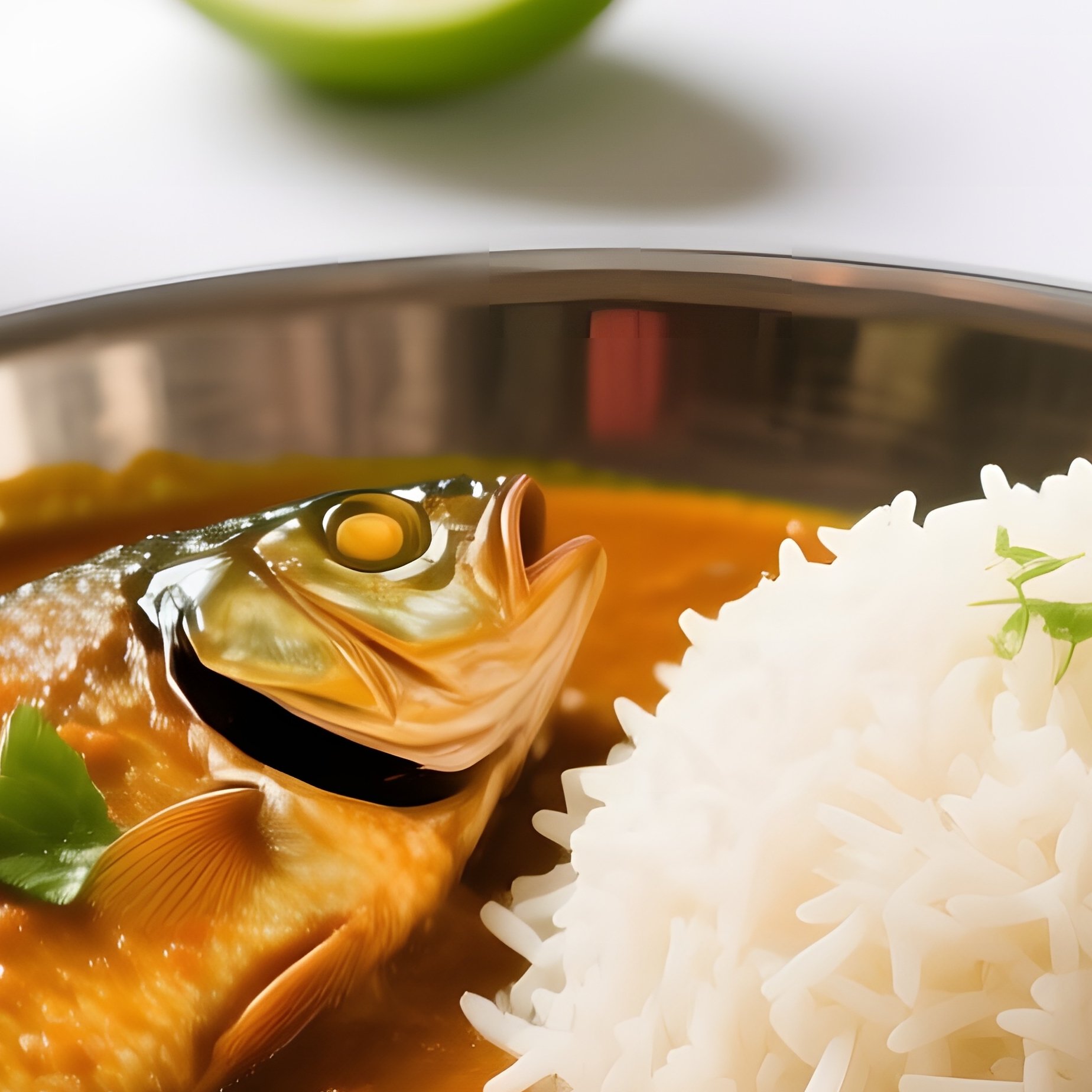 Bengali Thali: A Bell Metal Plate Featuring Fish Curry, Rice, And Fried Eggplant. A Glass Of Water And A Wedge Of Lime Are Placed Precisely. A White Tablecloth With Red Embroidery Sets The Scene. - Full Resolution Quality Preview