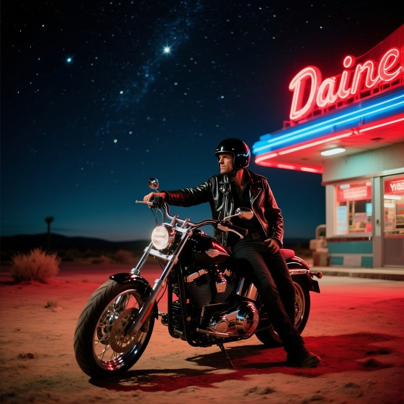Biker At Desert Diner Neon Night