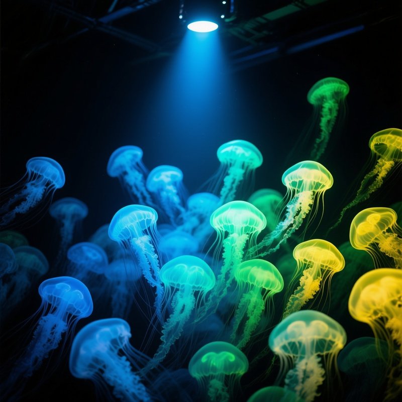 Bioluminescent Jellyfish Swarm In The Artificial Light