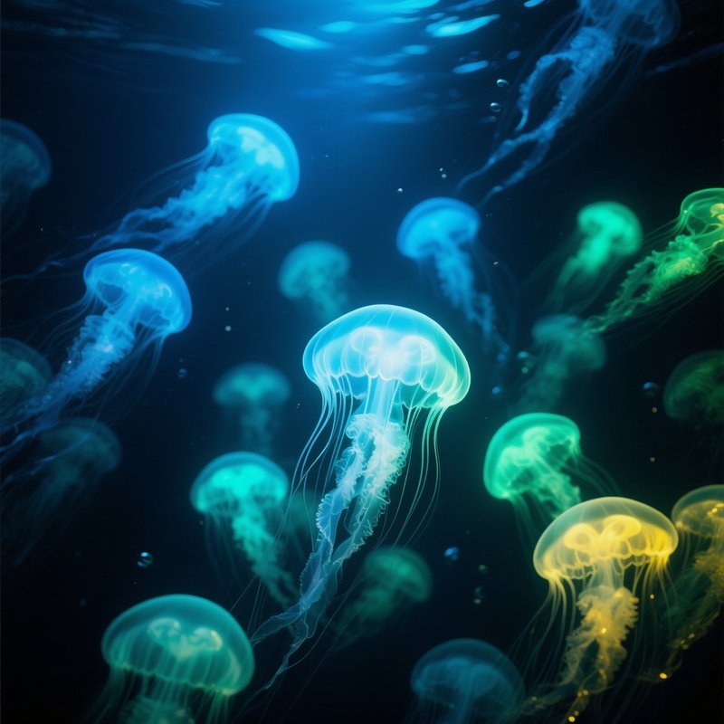 Bioluminescent Jellyfish Swarm In The Deep Sea