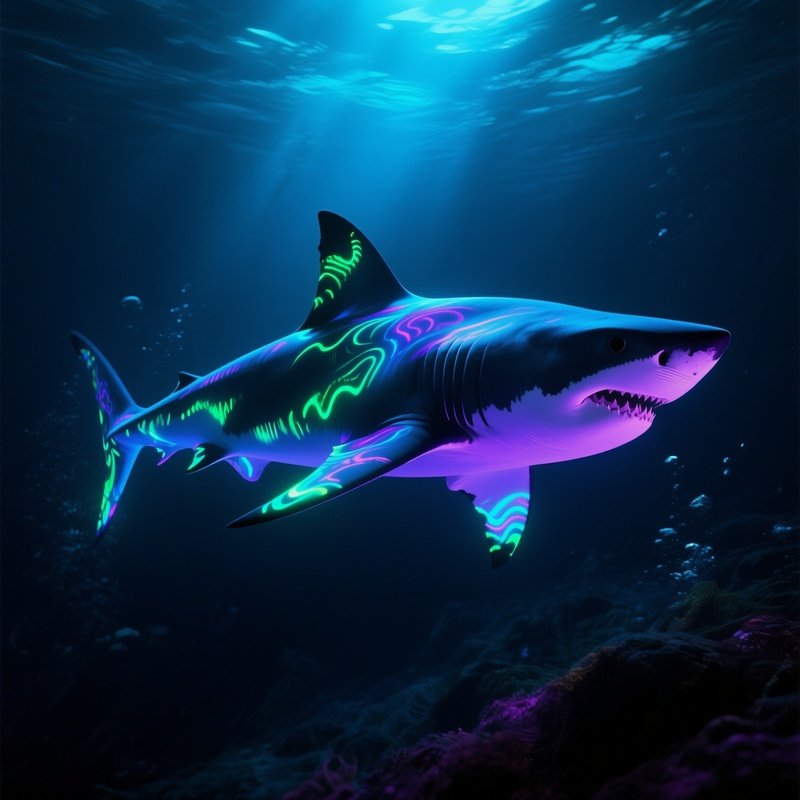 Bioluminescent Shark Gliding Beneath Surface Glowing Patterns