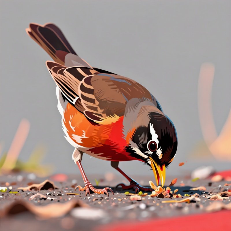 Bird Art American Robin Pecking Playfully At Ground
