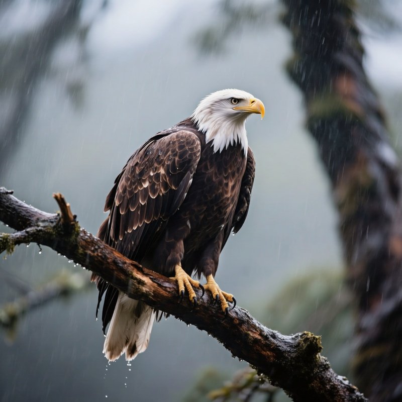Bird Bald Eagle Perched Gracefully On A Branch After Rain