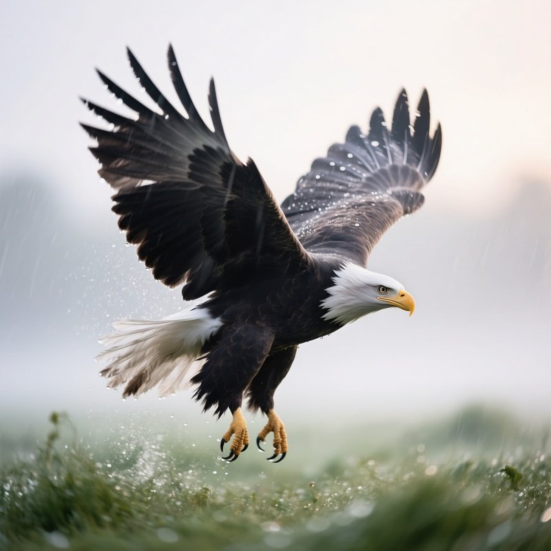 Bird Bald Eagle Shaking Off Raindrops In Morning Mist