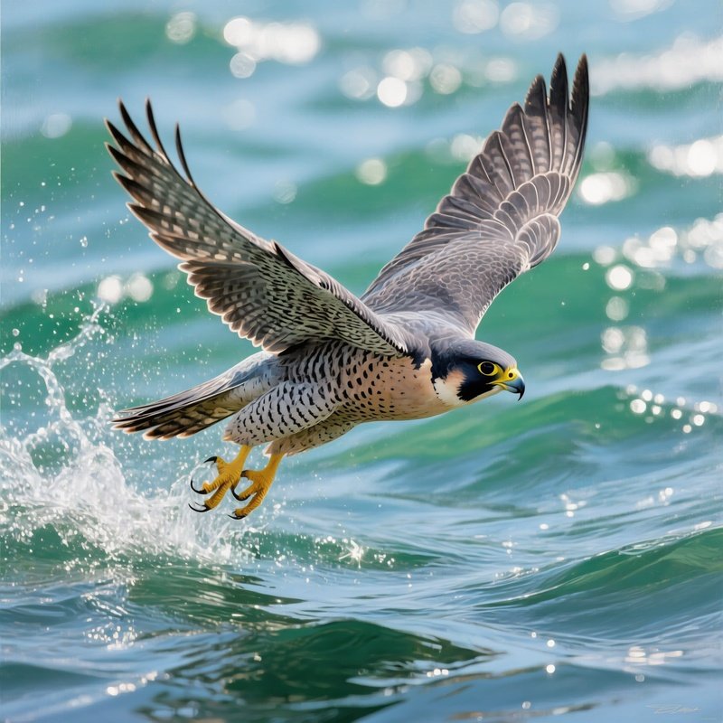 Bird Peregrine Falcon Diving Towards Water Still Life