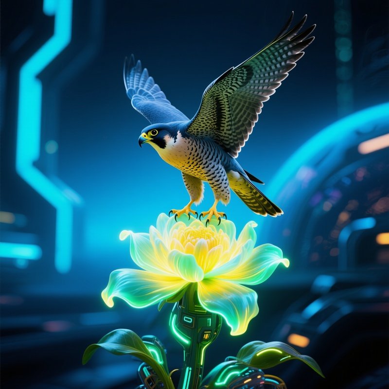 Bird-Peregrine-Falcon-Landing-On-Flower-Science-Fiction