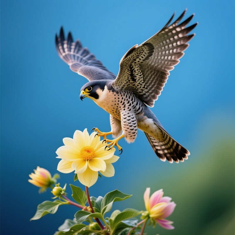 Bird-Peregrine-Falcon-Landing-On-Flower-Still-Life