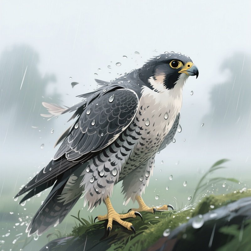 Bird Peregrine Falcon Shaking Off Raindrops In Morning Mist-Illustration