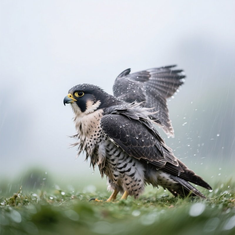 Bird Peregrine Falcon Shaking Off Raindrops In Morning Mist