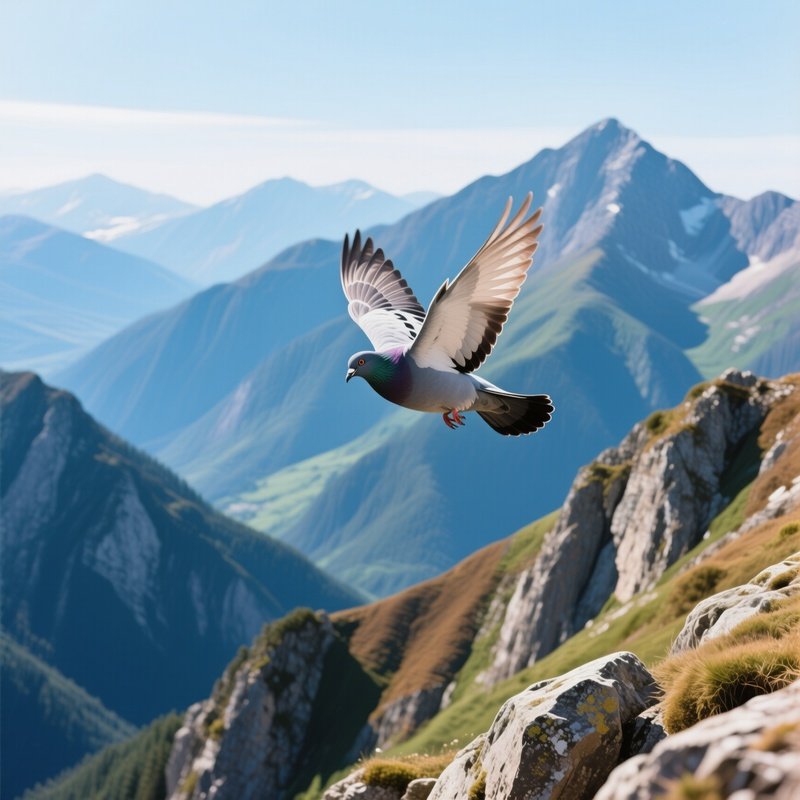 Bird Rock Dove Gliding Above Mountain Peaks Still Life