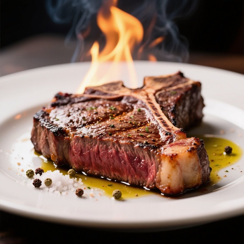 Bistecca Alla Fiorentina Consisting Of Thick Cut T Bone Steak Grilled Over Open Flame, Seasoned Only With Salt, Pepper, And Olive Oil