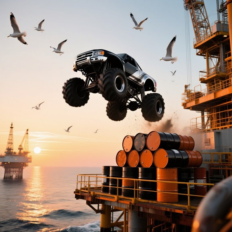 Black And Silver Monster Truck Leaping Over Oil Drums At Sunrise