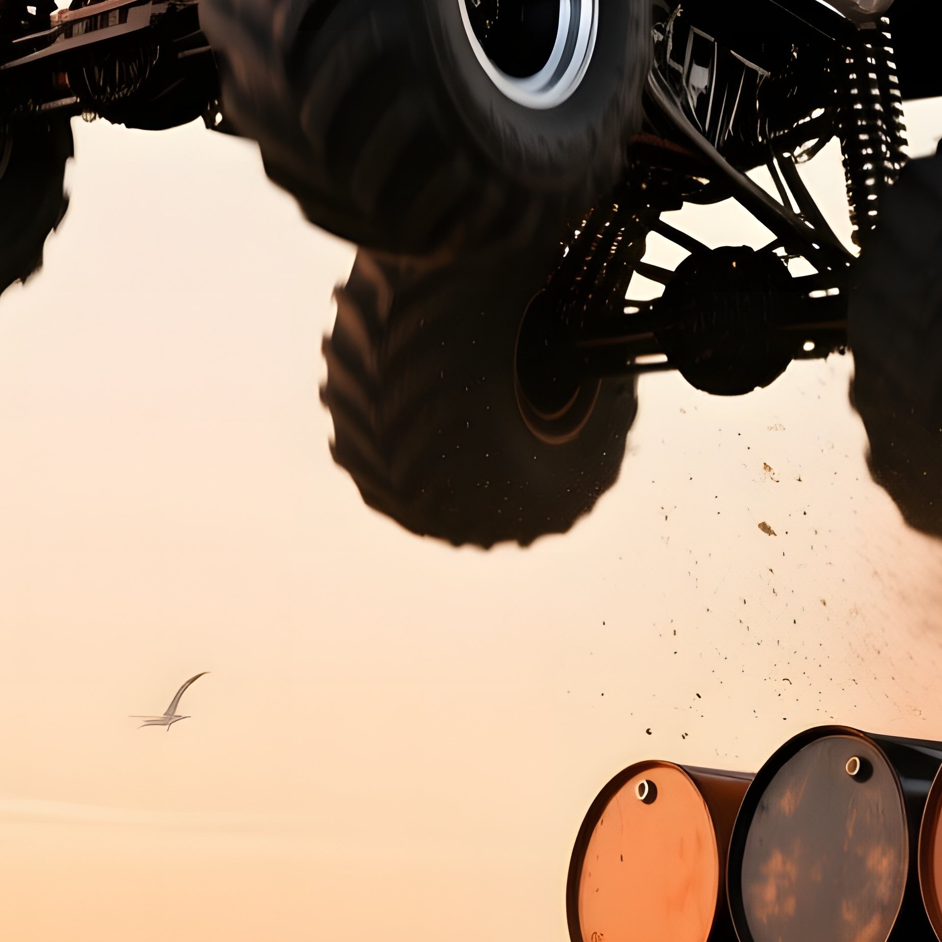 Black And Silver Monster Truck Leaping Over Oil Drums At Sunrise - Full Resolution Quality Preview