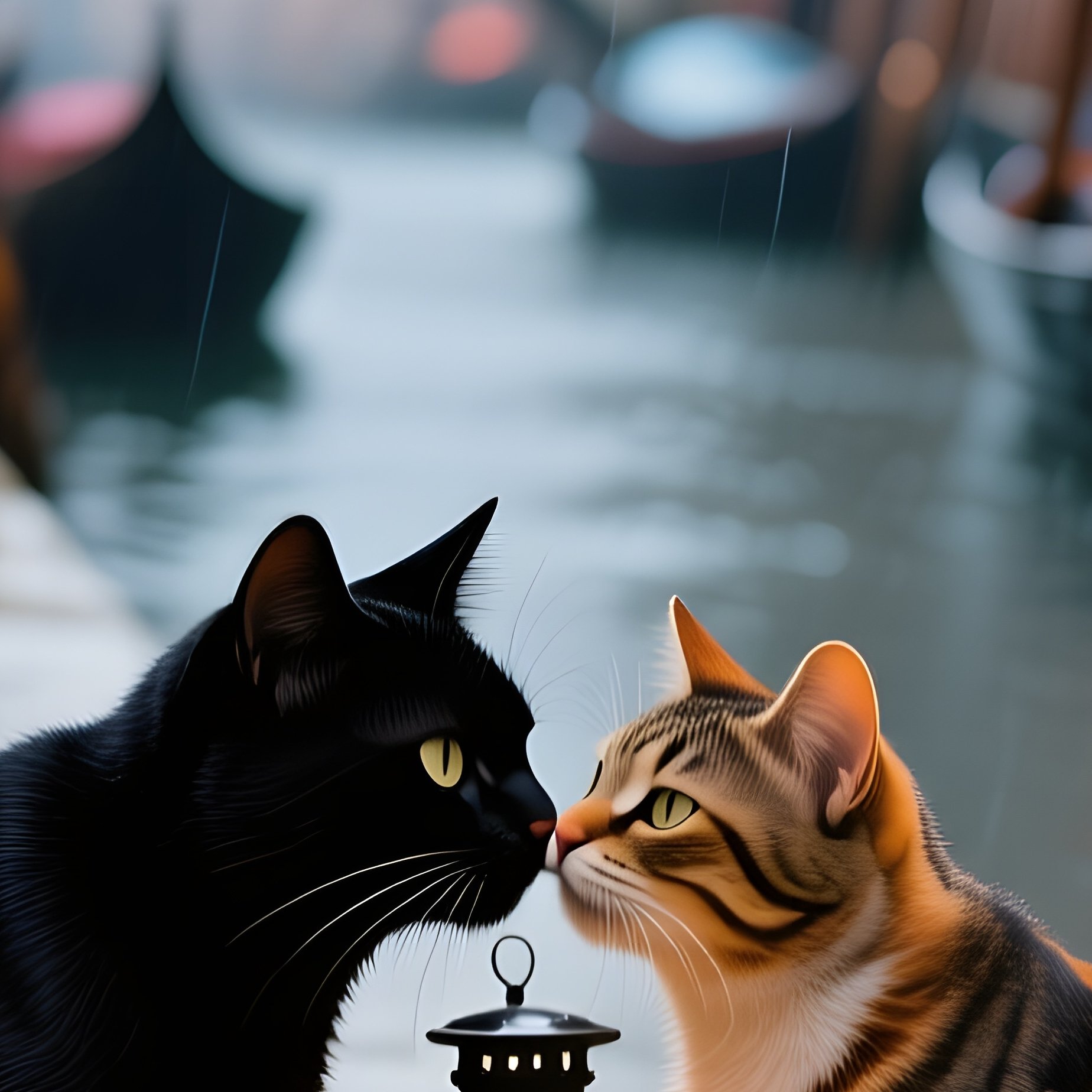 Black Cat Kisses Tortoiseshell Cat Venice Canal - Full Resolution Quality Preview