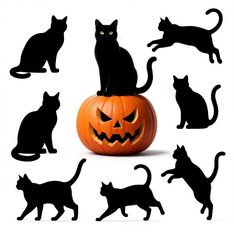 Black Cats In Various Poses And A Pumpkin Cats Pumpkin