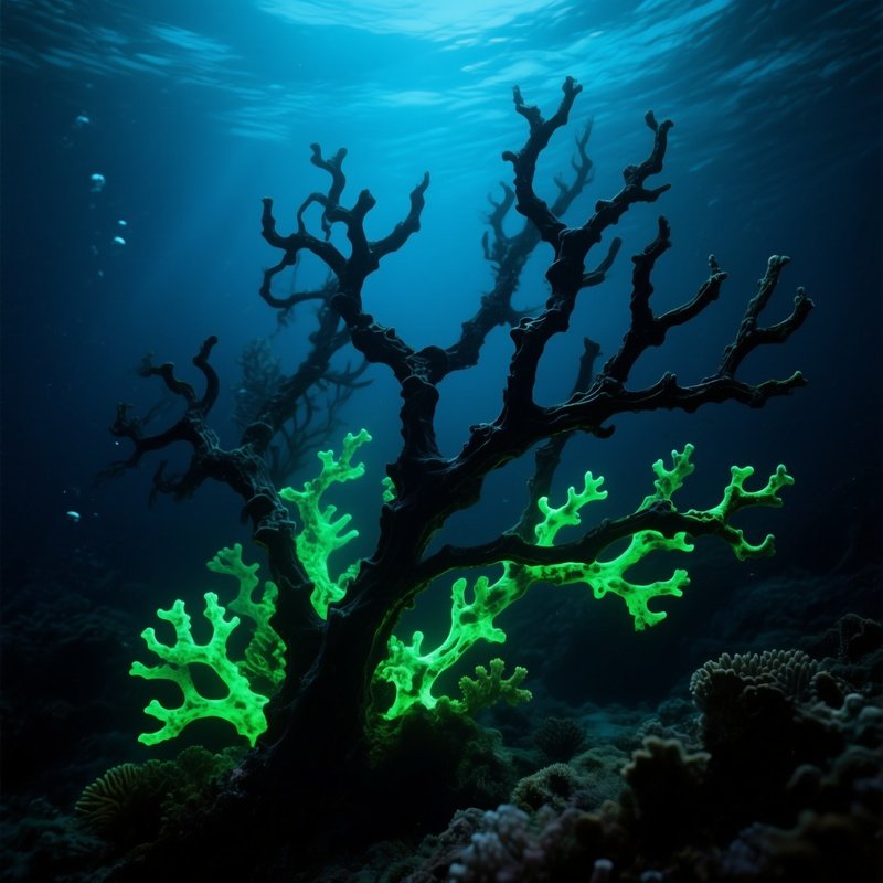 Black Coral Dark Skeletal Branches Glowing Green