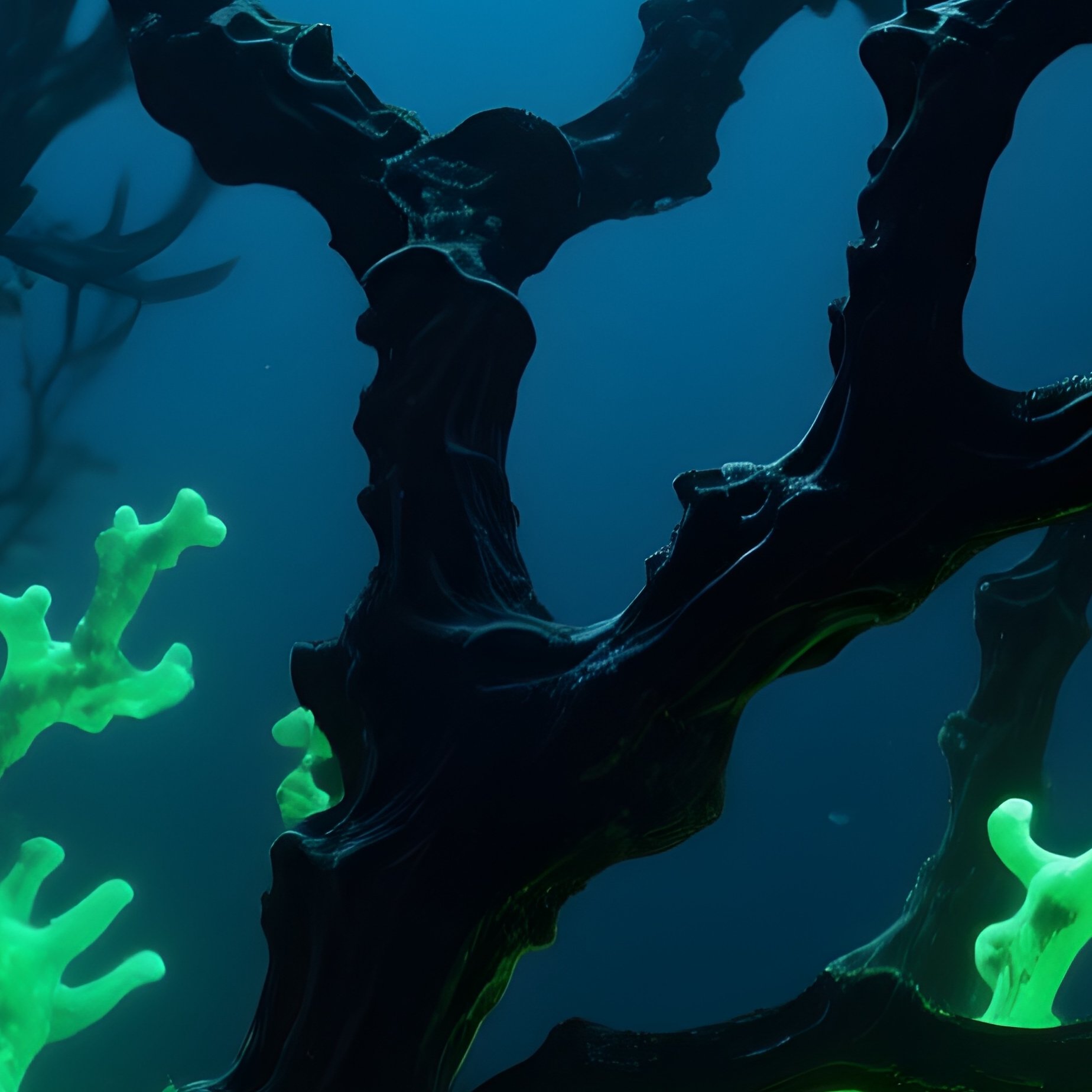 Black Coral Dark Skeletal Branches Glowing Green - Full Resolution Quality Preview