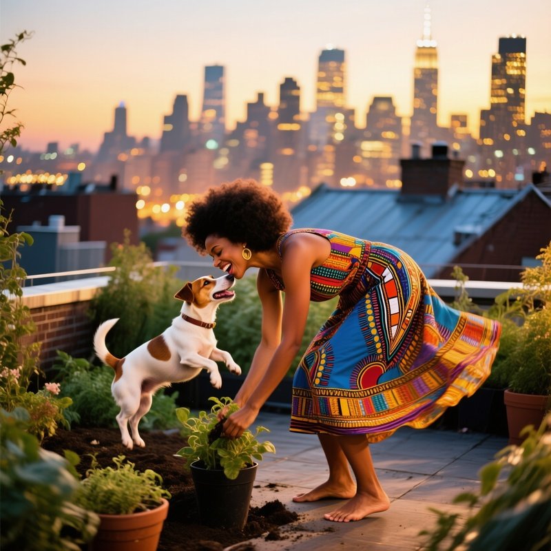 Black Woman Dancing With Dog On Rooftop