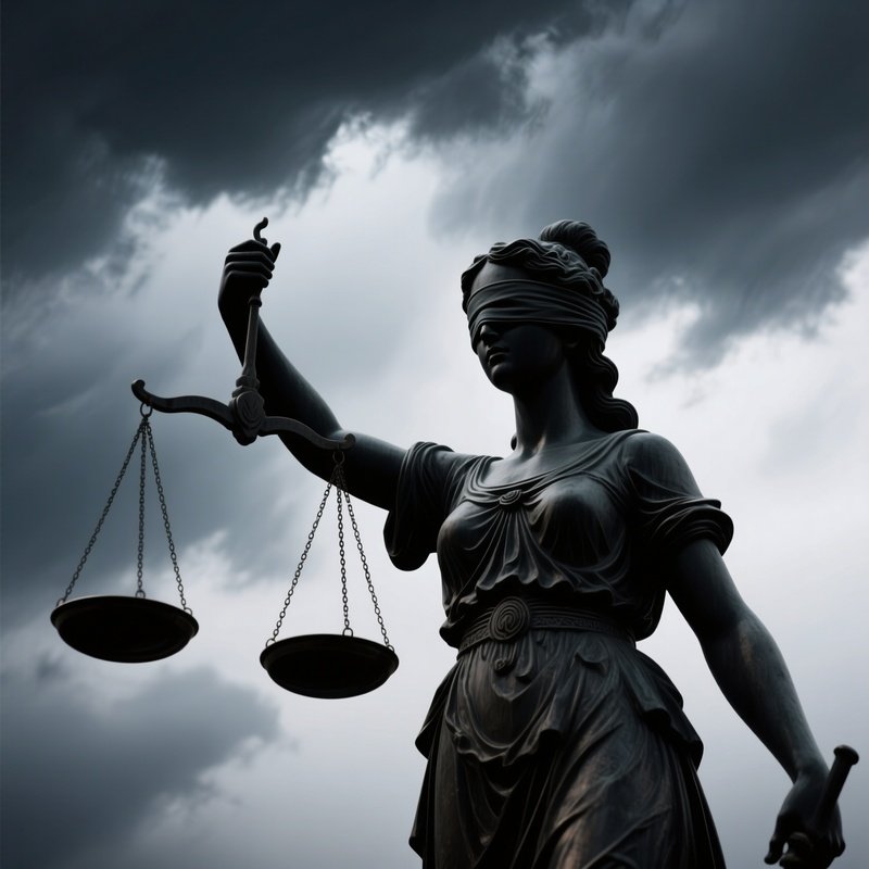 Blindfold: The Lady Justice Statue, Blindfolded And Holding Scales, Silhouetted Against A Dramatic Stormy Sky, Symbolizing Impartiality.