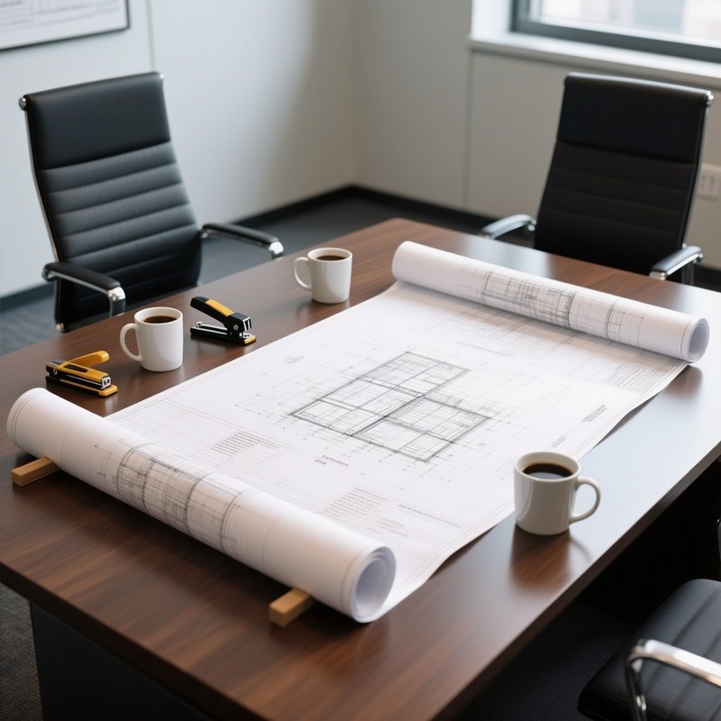 Blueprint Roll: An Architect'S Plan Being Unrolled On A Large Administrative Planning Table, Held Down By Coffee Mugs And Staplers.