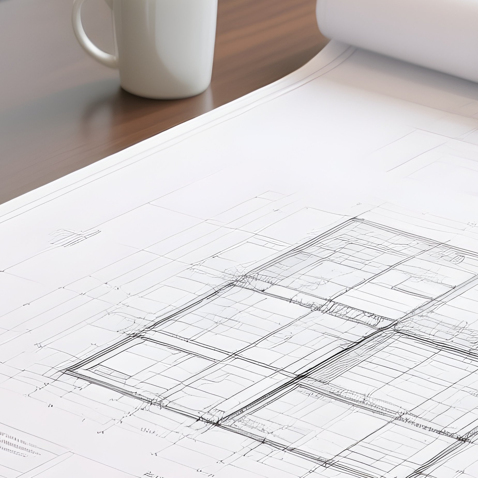 Blueprint Roll: An Architect'S Plan Being Unrolled On A Large Administrative Planning Table, Held Down By Coffee Mugs And Staplers. - Full Resolution Quality Preview