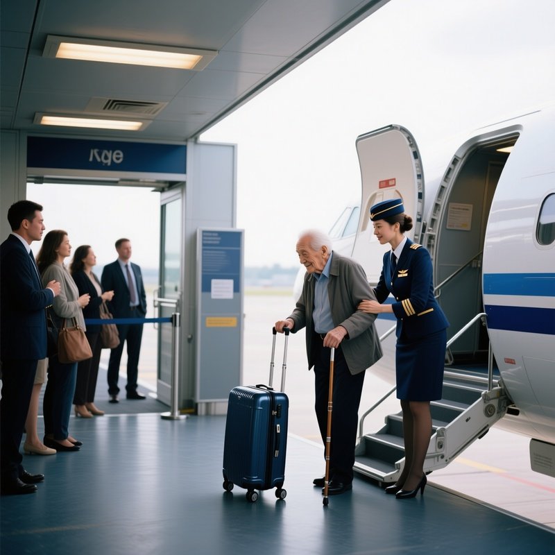 Boarding Crew Assisting Elderly Passenger