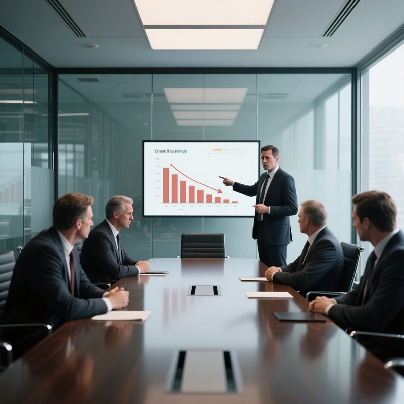 Boardroom Tension: A Long Table In A Glass Walled Conference Room. Executives Look Worried As A Presenter Points To A Declining Revenue Chart.