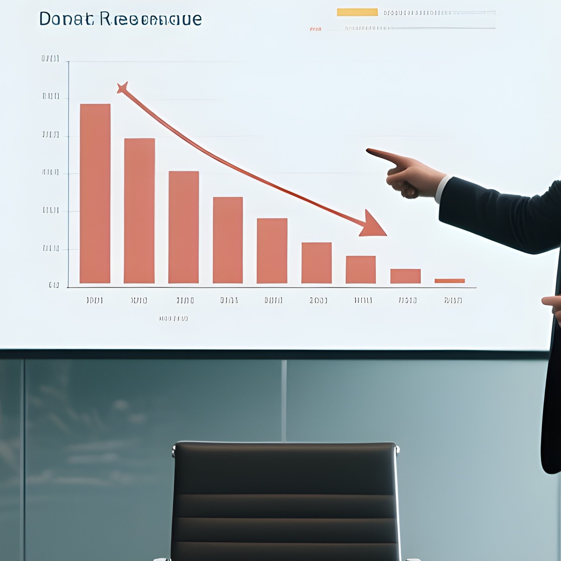 Boardroom Tension: A Long Table In A Glass Walled Conference Room. Executives Look Worried As A Presenter Points To A Declining Revenue Chart. - Full Resolution Quality Preview