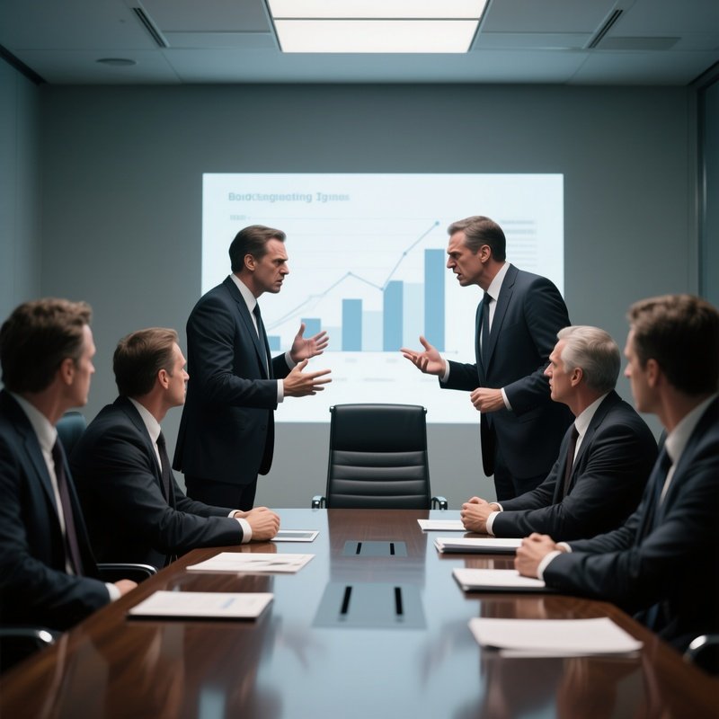 Boardroom Tension: A Serious Boardroom Scene Where Executives In Suits Are Arguing Over A Projected Chart, With Tense Body Language.
