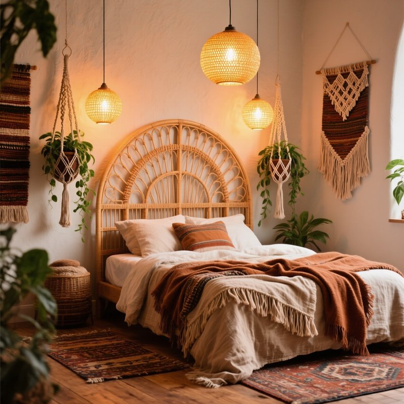 Bohemian Style Bed With Rattan Headboard And Macrame Planters
