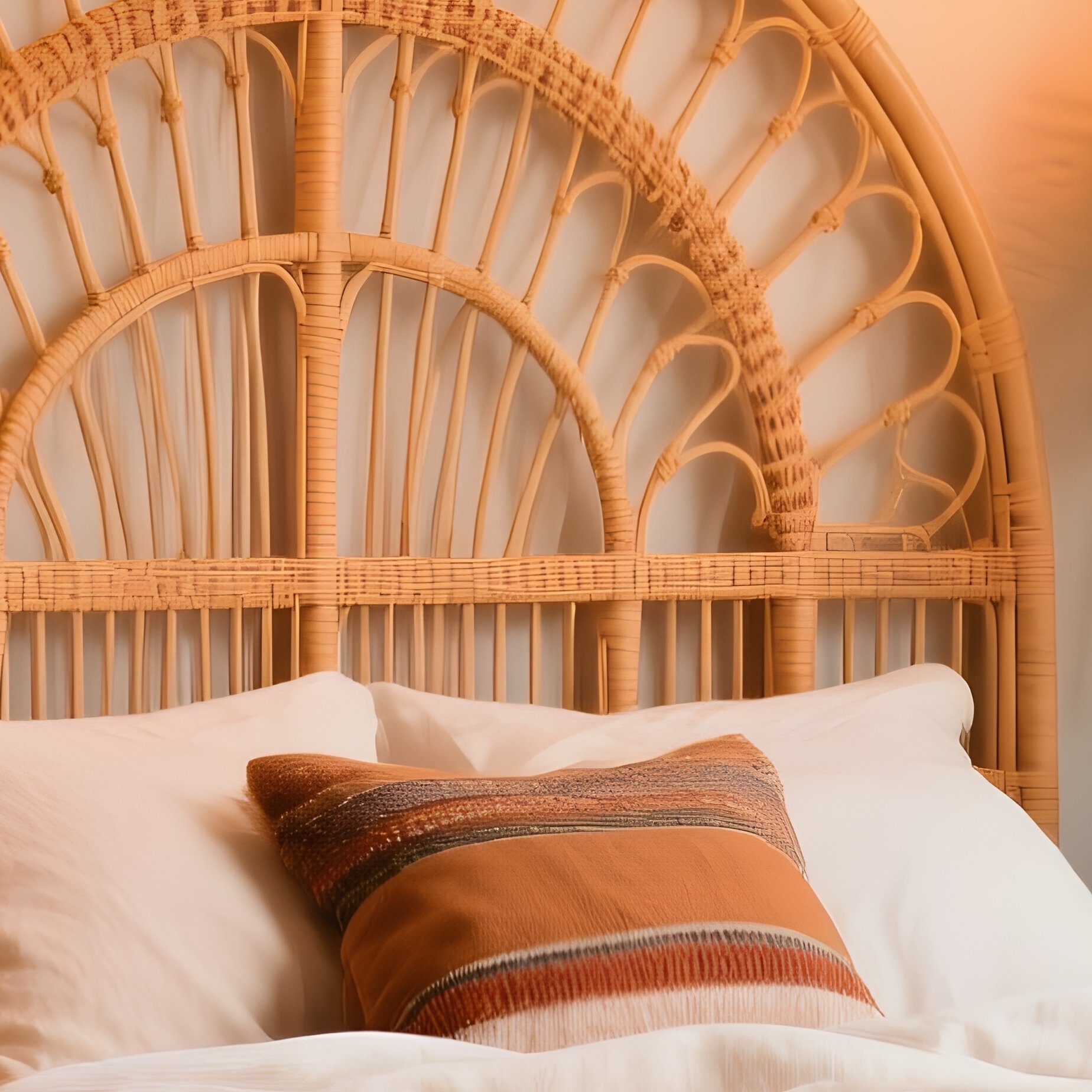 Bohemian Style Bed With Rattan Headboard And Macrame Planters - Full Resolution Quality Preview