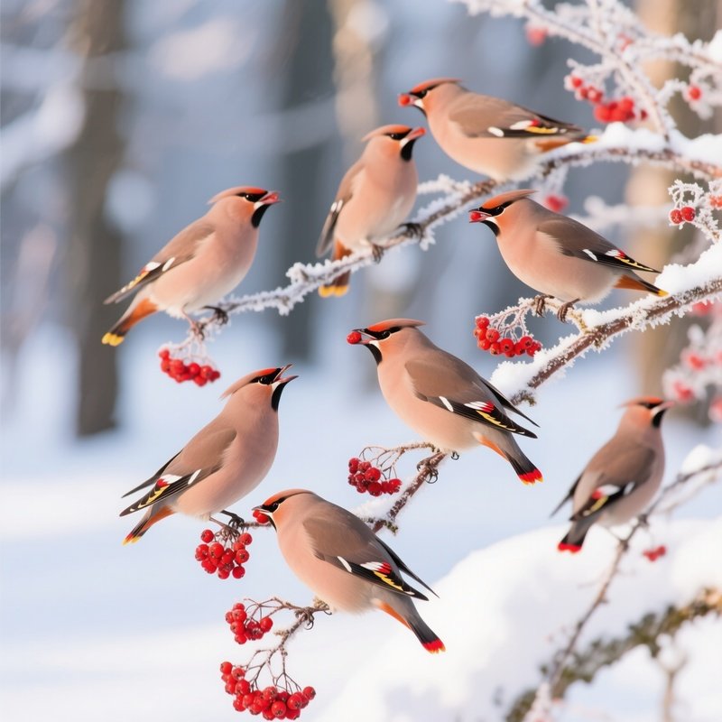 Bohemian Waxwing Flock Feasting On Rowan Berries Winter