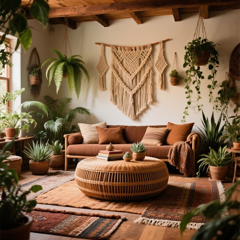 Boho Chic Living Room With Rattan Ottoman