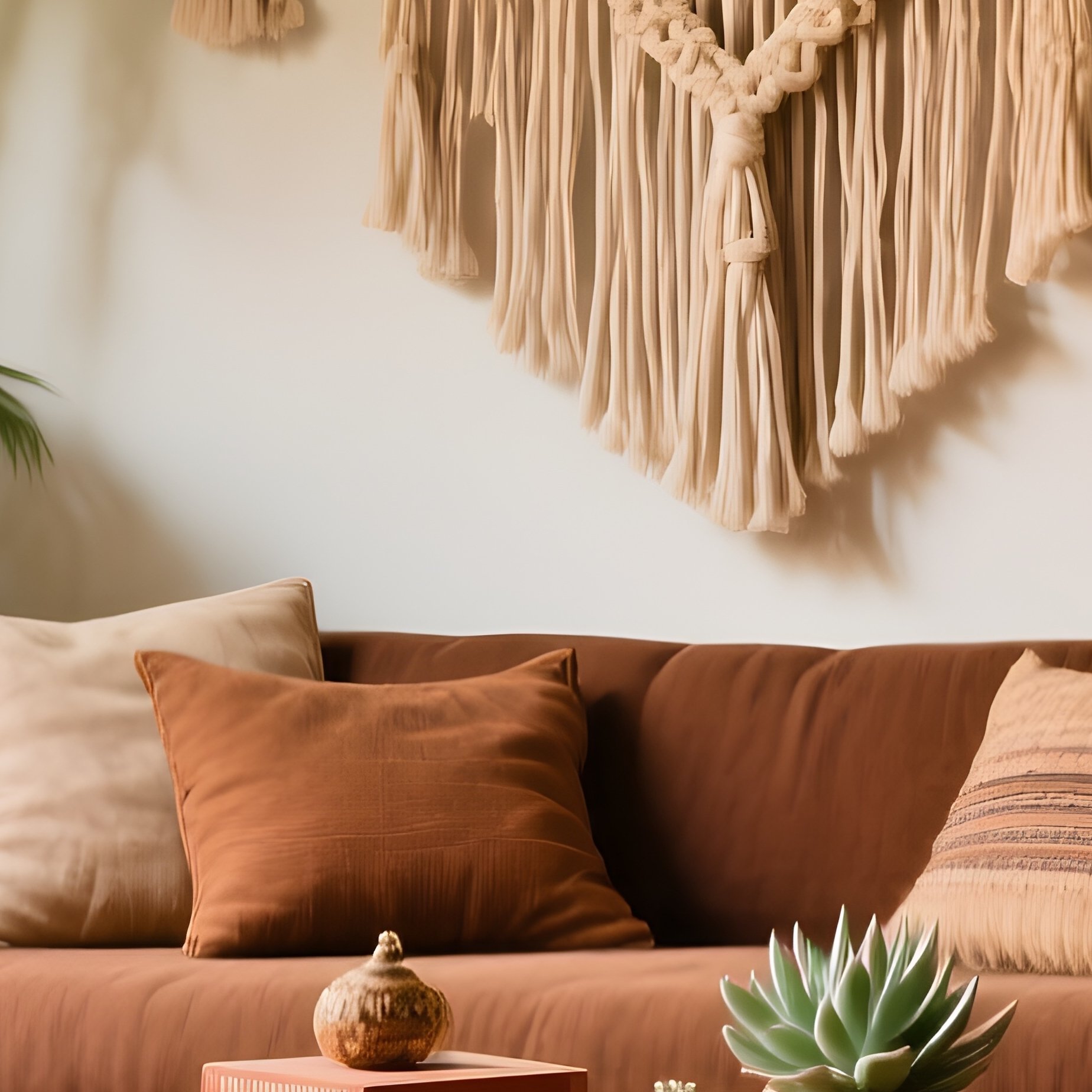 Boho Chic Living Room With Rattan Ottoman - Full Resolution Quality Preview