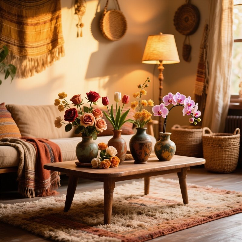 Boho Living Room Golden Hour Artificial Flowers