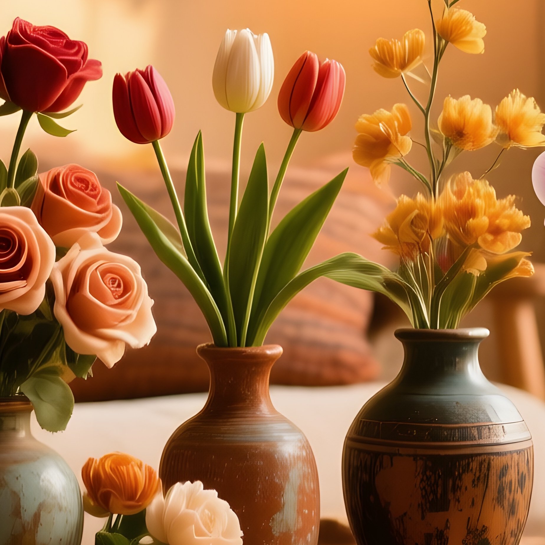 Boho Living Room Golden Hour Artificial Flowers - Full Resolution Quality Preview