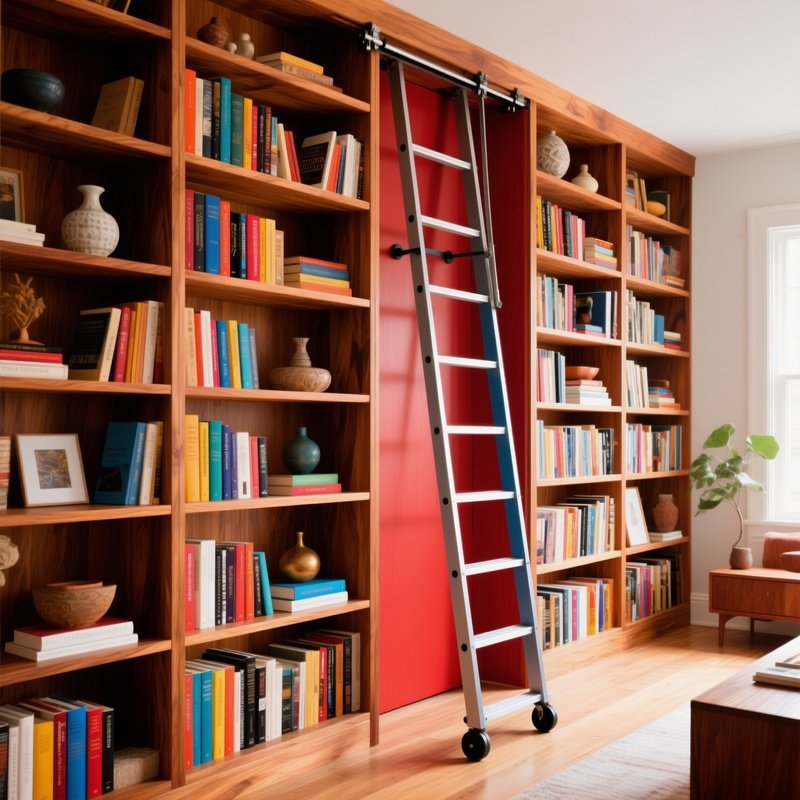 Bookshelf Wall Floor To Ceiling Wooden Sliding Ladder