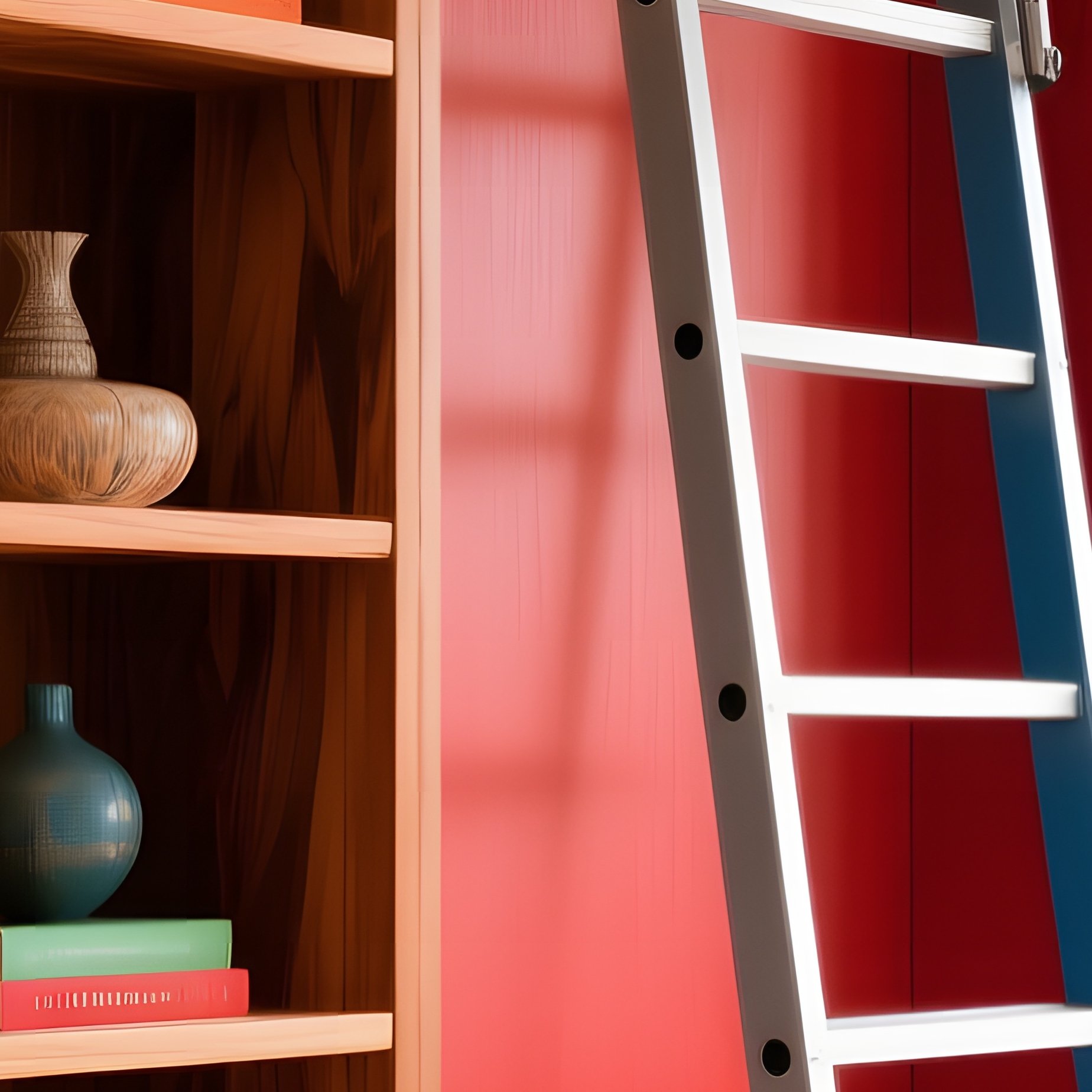 Bookshelf Wall Floor To Ceiling Wooden Sliding Ladder - Full Resolution Quality Preview