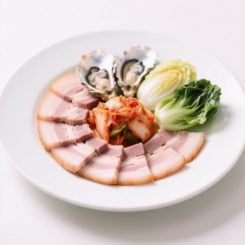 Bossam Boiled Pork Belly Served With Oyster Kimchi And Cabbage