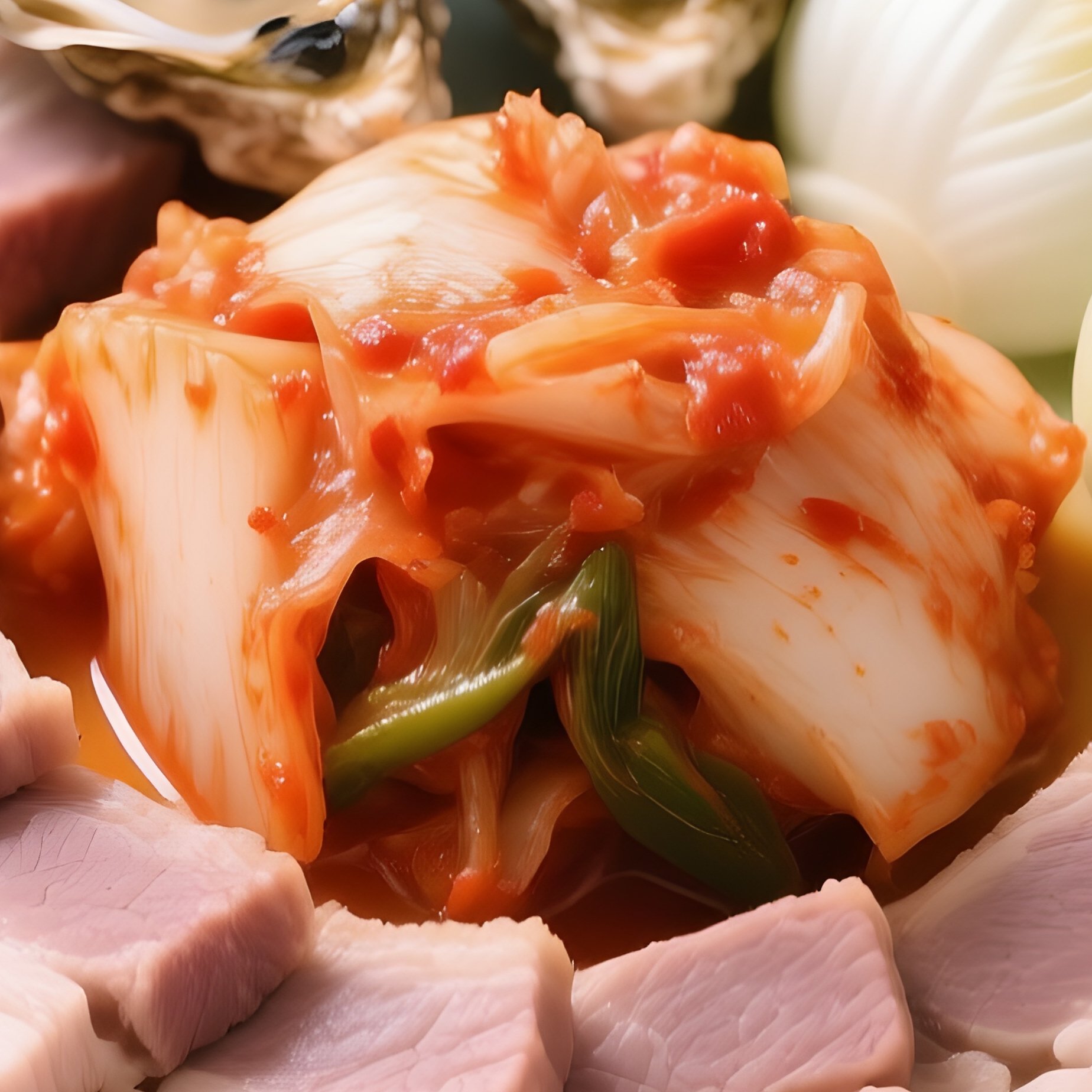 Bossam Boiled Pork Belly Served With Oyster Kimchi And Cabbage - Full Resolution Quality Preview