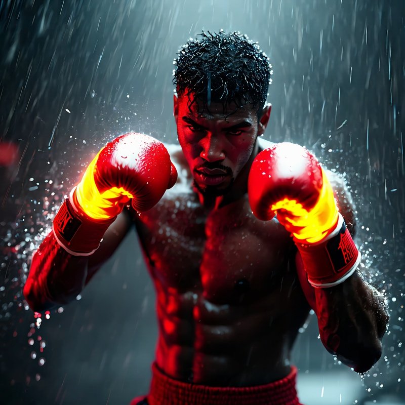 Boxer Striking Glowing Fists Rain