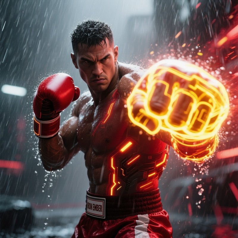 Boxer Striking Glowing Fists Rain Scifi
