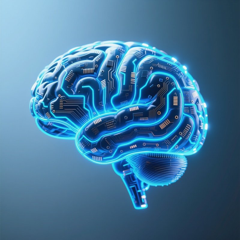Brain Circuit: A Human Brain Shape Formed Entirely By Glowing Blue Fiber Optic Cables And Circuit Board Traces, Representing Artificial Intelligence.