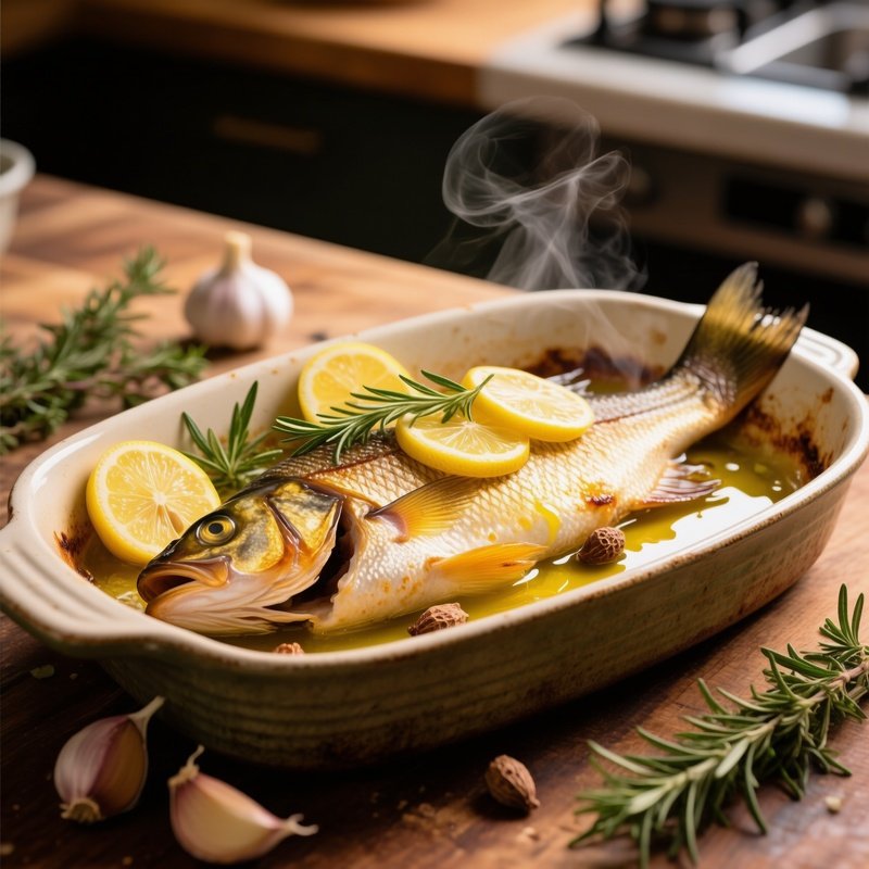 Branzino Al Forno Whole Sea Bass Baked With Lemon Slices Herbs Garlic Olive Oil