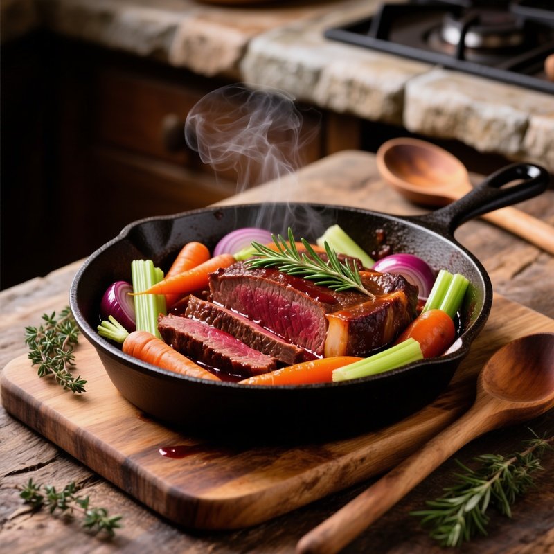 Brasato Al Barolo Slow Braised Beef Cooked In Barolo Wine With Vegetables And Herbs