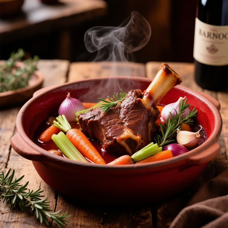 Brasato Al Barolo Slow Braised Beef In Barolo Wine With Vegetables And Herbs