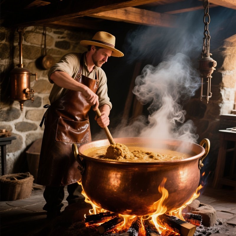 Brewery Brewer Stirring Mash In Copper Cauldron Over Open Fire