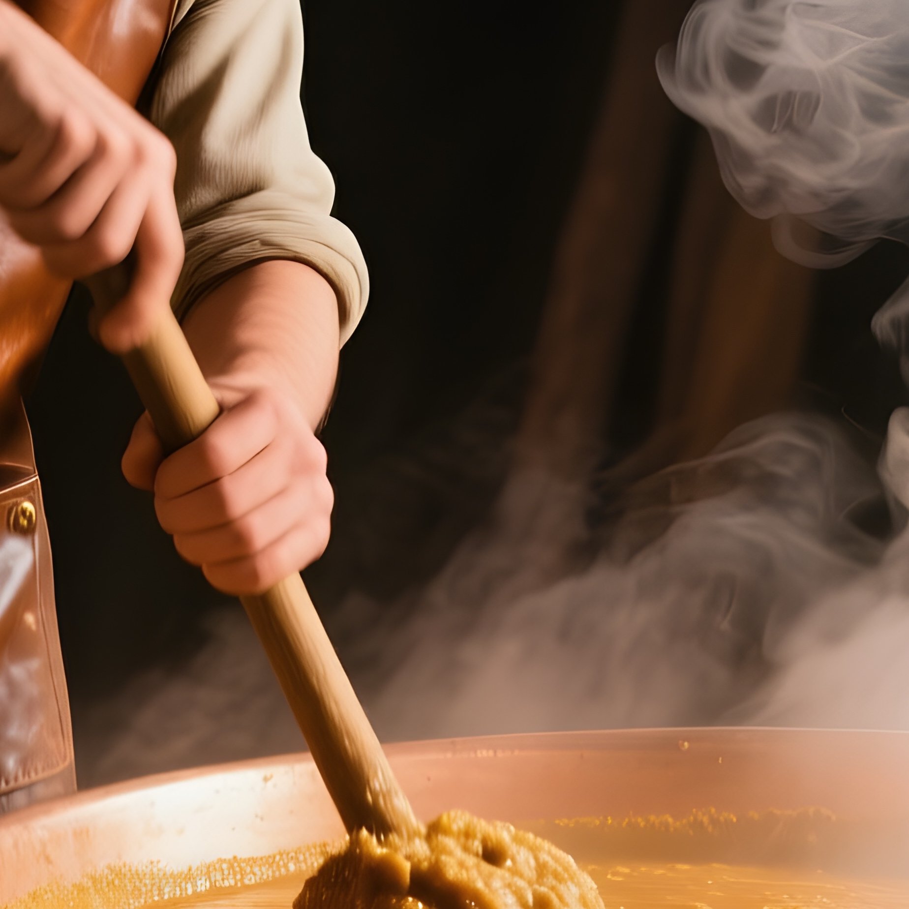 Brewery Brewer Stirring Mash In Copper Cauldron Over Open Fire - Full Resolution Quality Preview