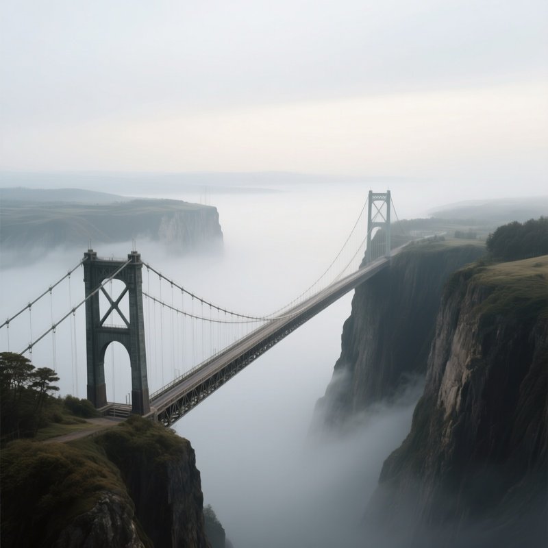 Bridge: A Suspension Bridge Emerging From Fog And Connecting Two Distant Cliffs, Symbolizing Connection And Overcoming Gaps.